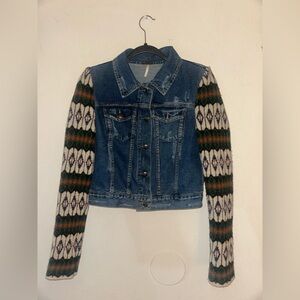 Free People Blue Jean Jacket with Patterned Sleeves